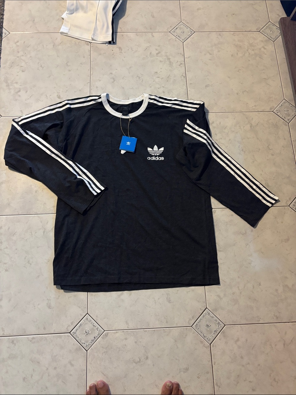adidas Black Long-Sleeve Trefoil Tee with White Stripes